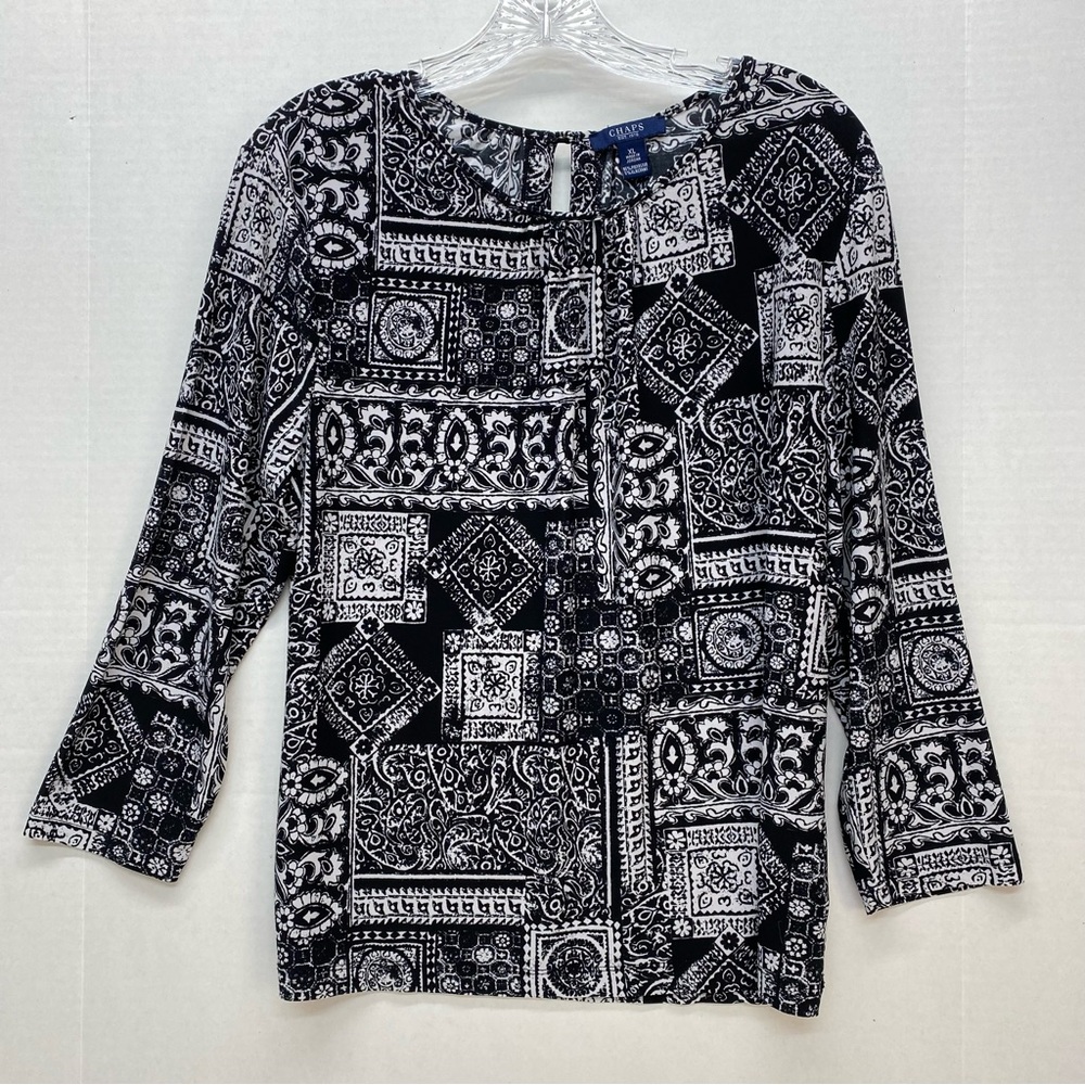 Chaps Womens Pullover Blouse Top Black White XL Modern Print 3/4 Sleeves Casual